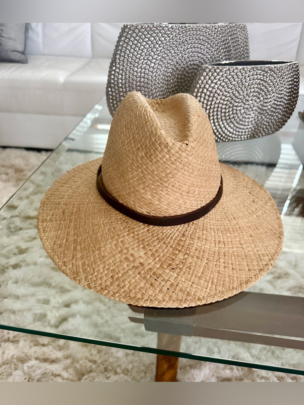 Janessa Leone Womens Tan Brown Straw Fedora Sun Hat Size M